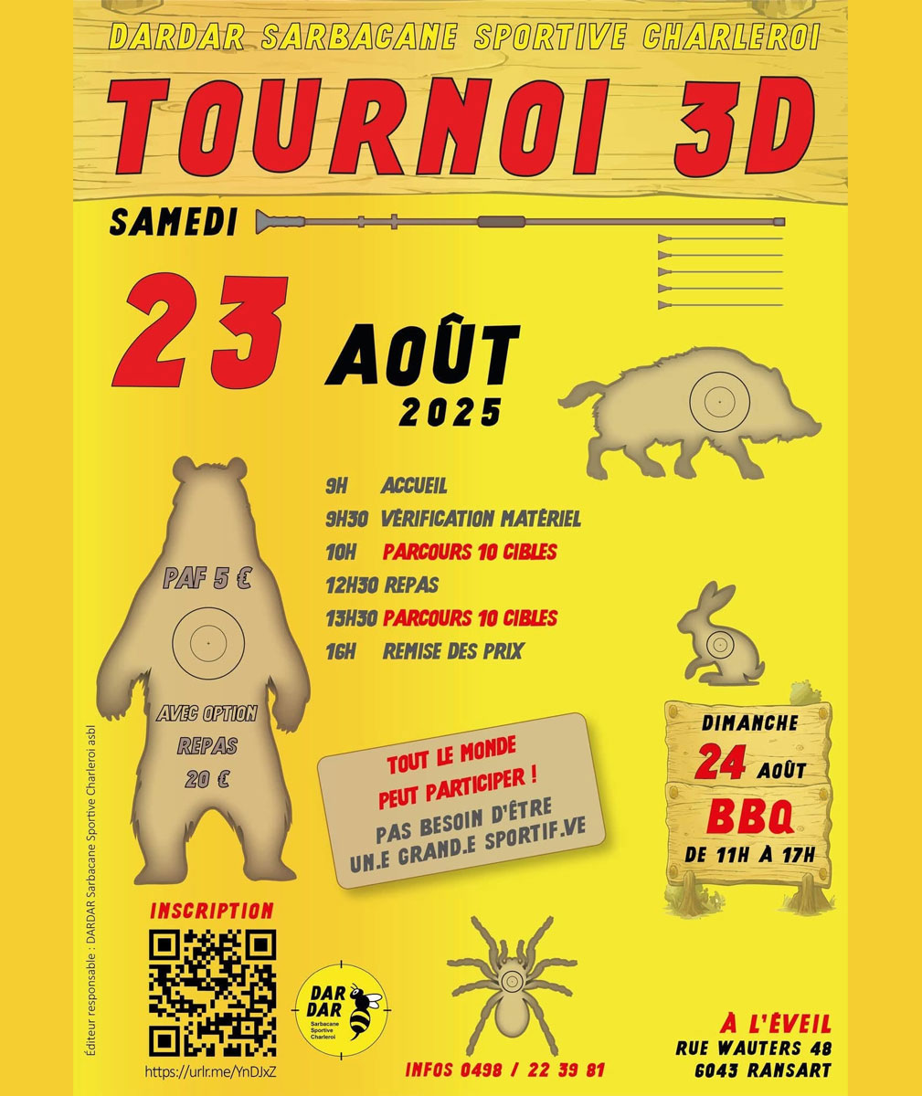 Affiche du tournoi 3D de Charleroi du 23 août 2025..